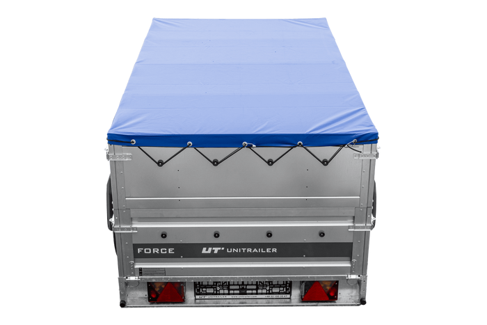 Lichte aanhanger 230x125 UNITRAILER FORCE 230 KIPP met BIS-zijwanden, H-0 frame en blauwe afdekking