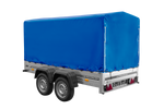 Przyczepka dwuosiowa 264x125 UNITRAILER GARDEN 264/2 KIPP ze stelażem H-1100 i plandeką niebieską