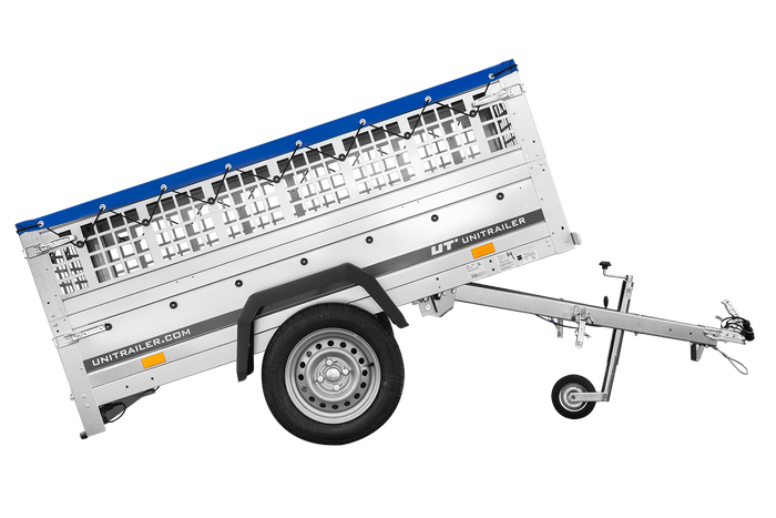 Lichte aanhanger 200x106 UNITRAILER GARDEN 200 KIPP met gaaswanden, H-0 frame en blauwe hoes