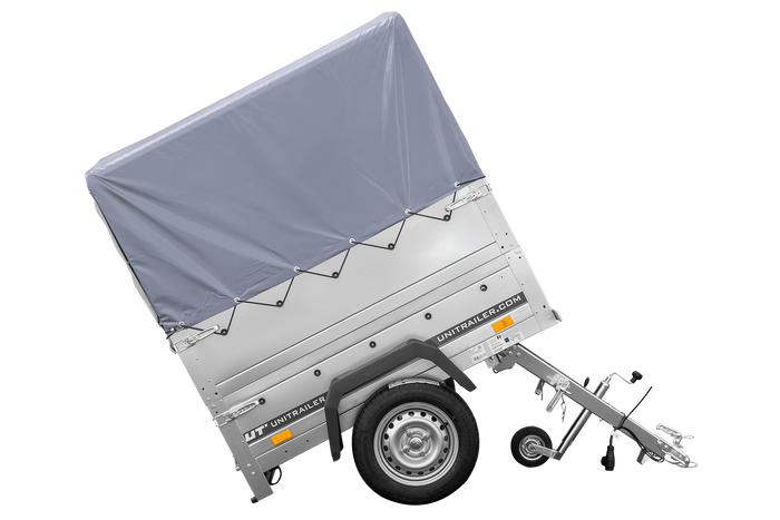 Enkelassige aanhanger 150x106 UNITRAILER GARDEN 150 KIPP met BIS-zijwanden, H-800 frame en grijze afdekking