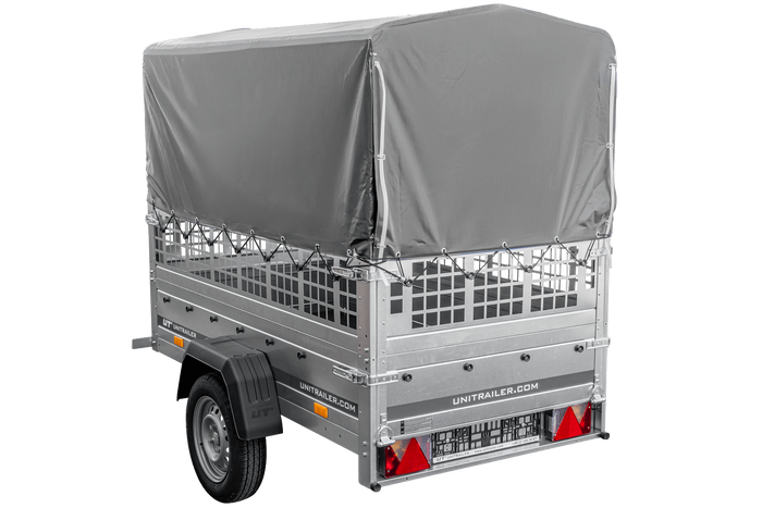 Autoaanhanger 200x106 UNITRAILER GARDEN 200 KIPP met gaaswanden, H-800 frame en grijze afdekking