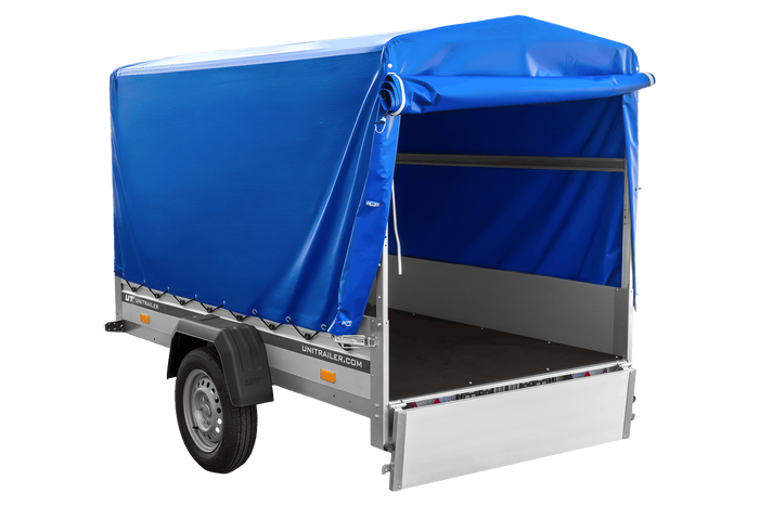 Autoaanhanger met aluminium zijwanden 230x125 Unitrailer Garden 230 KIPP ALU met H1100 frame en blauwe afdekking