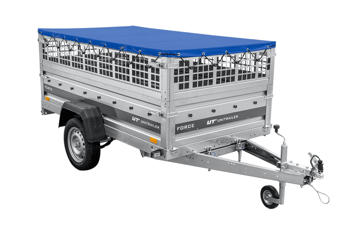 Lichte aanhanger op veren 230x125 UNITRAILER FORCE 230/R KIPP met gaaswanden, H-0 frame en blauwe hoes