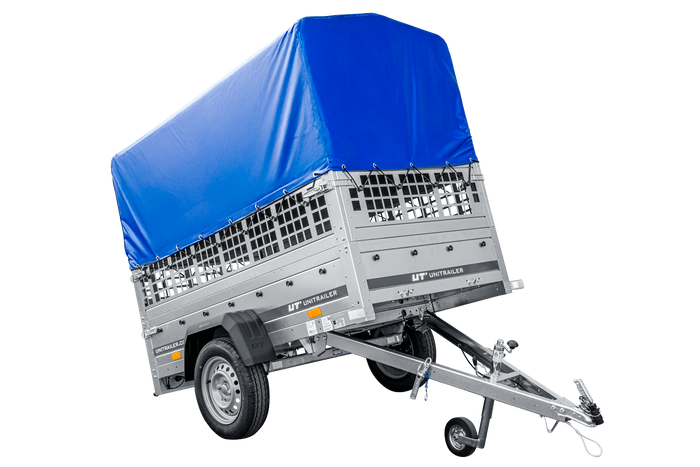 Lichte aanhanger 200x106 UNITRAILER GARDEN 200 KIPP met gaaswanden, H-800 frame en blauwe hoes