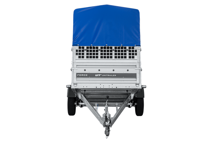 Autotransportaanhanger op veren 230x125 UNITRAILER FORCE 230/R KIPP met gaaswanden, H-800 frame en blauwe hoes