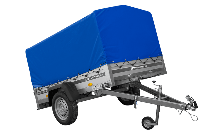 Enkelassige aanhanger met aluminium zijwanden 200x125 Unitrailer Garden 201 KIPP ALU met H-800 frame en blauwe afdekking