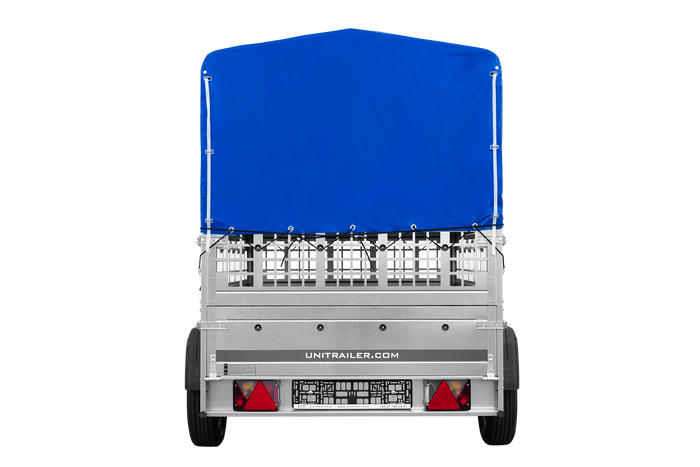 Enkelassige aanhangwagen op veren 200x125 UNITRAILER GARDEN 201/R KIPP met roosterwanden, H-800 frame en blauwe afdekking