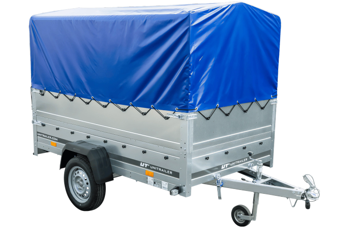 Enkelassige aanhangwagen op veren 230x125 UNITRAILER GARDEN 230/R KIPP met BIS zijwanden, H-800 frame en blauwe afdekking