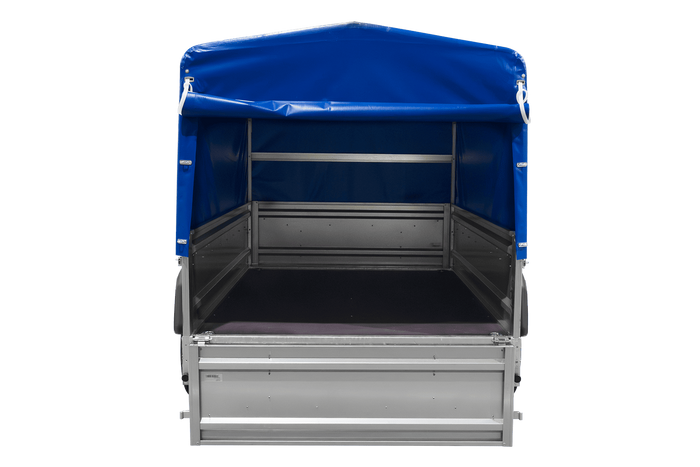 Enkelassige aanhanger 230x125 UNITRAILER FORCE 230 KIPP met H-800 frame en blauwe afdekking