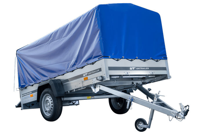 Lichte aanhangwagen 264x125 UNITRAILER GARDEN 264 KIPP met H-800 frame en blauwe afdekking