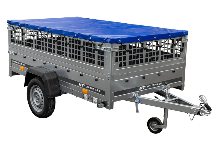 Autoaanhanger 230x125 UNITRAILER GARDEN 230 KIPP met gaaswanden en blauw dekzeil