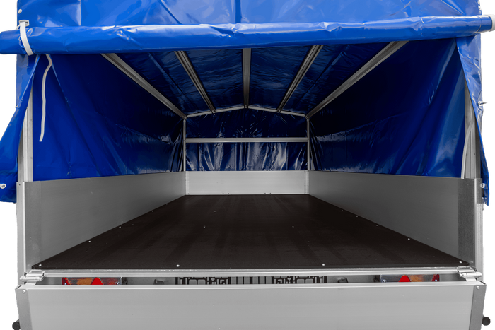 Enkelassige aanhanger met aluminium zijwanden 264x150 Unitrailer Garden 265 KIPP ALU met H-800 frame en blauwe afdekking