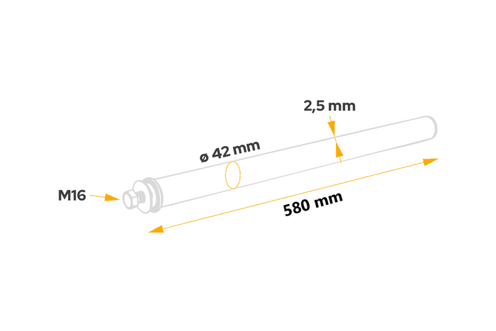Rechte buis voor de montage van het DOMAR DK8020 spatbord, beugeldiameter 42 mm, lengte 580 mm