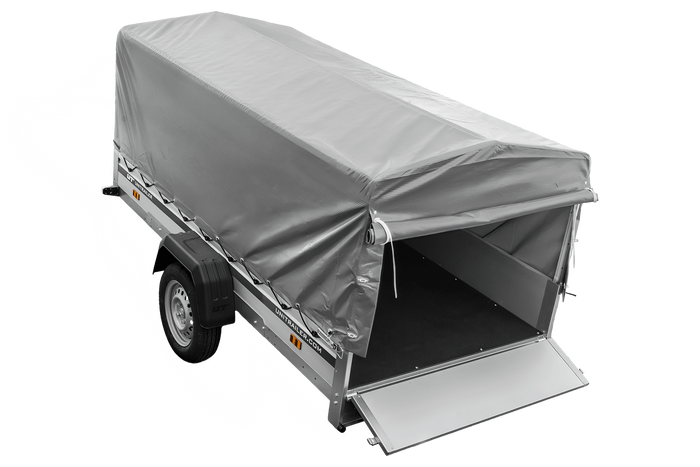 Enkelassige aanhanger met aluminium zijwanden 264x125 Unitrailer Garden 264 KIPP ALU met H-800 frame en grijze afdekking