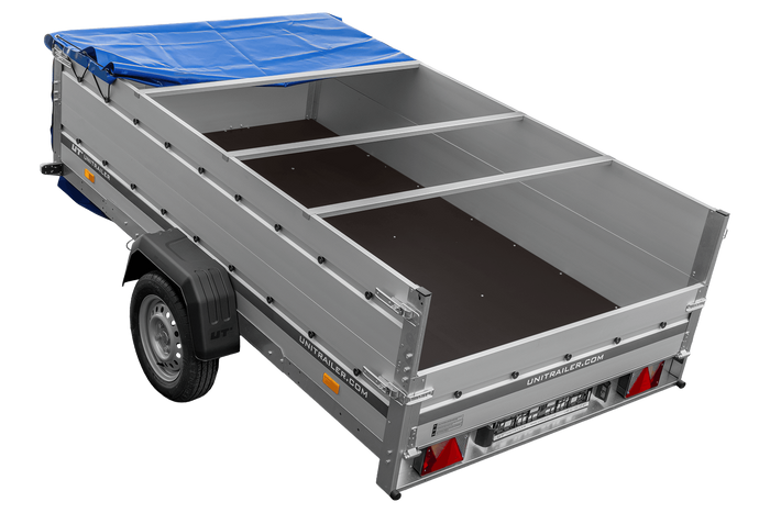 Enkelassige aanhanger met aluminium zijwanden 264x150 Unitrailer Garden 265 KIPP ALU met BIS-zijwanden, H-0 frame en blauwe afdekking
