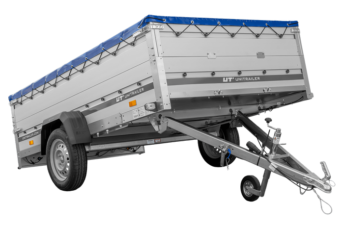 Enkelassige aanhanger met aluminium zijwanden 264x150 Unitrailer Garden 265 KIPP ALU met BIS-zijwanden, H-0 frame en blauwe afdekking