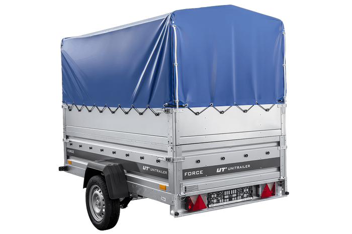 Enkelassige aanhanger op veren 230x125 UNITRAILER FORCE 230/R KIPP met BIS-zijwanden, H-800 frame en blauwe afdekking