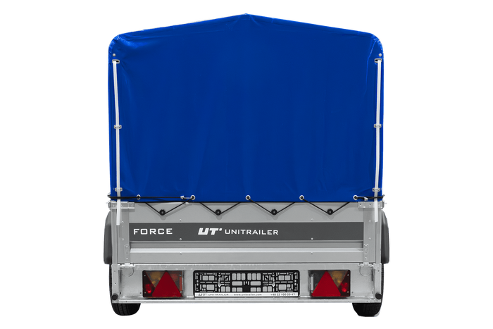 Enkelassige aanhanger 230x125 UNITRAILER FORCE 230 KIPP met H-800 frame en blauwe afdekking