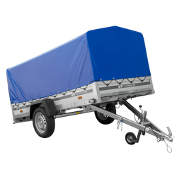 Enkelassige aanhanger met aluminium zijwanden 264x125 Unitrailer Garden 264 KIPP ALU met H-800 frame en blauwe afdekking