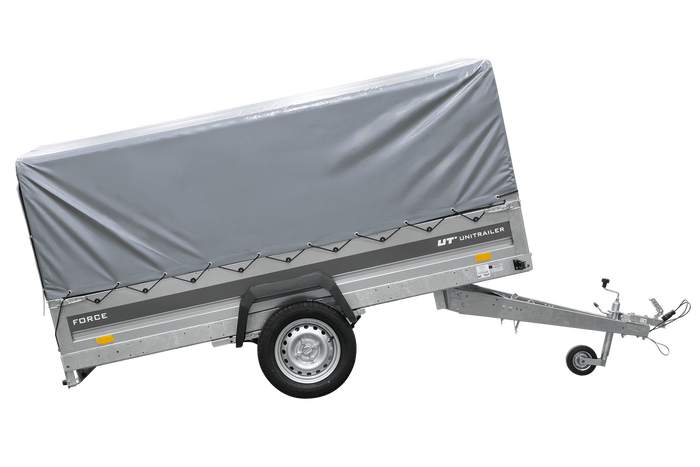 Enkelassige aanhanger op veren 264x125 UNITRAILER FORCE 264/R KIPP met H-800 frame en grijze afdekking