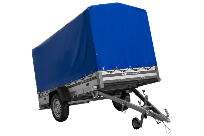 Autoaanhanger met aluminium zijwanden 264x125 Unitrailer Garden 264 KIPP ALU met H-1100 frame en blauwe afdekking