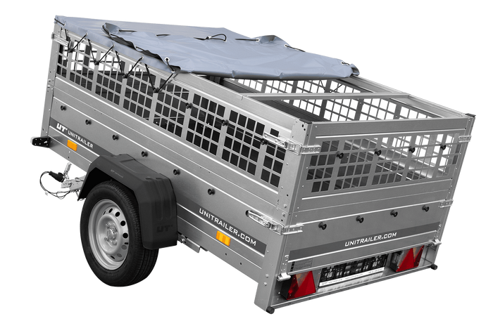 Autoaanhangwagen op veren 200x125 UNITRAILER GARDEN 201/R KIPP met gaaswanden, H-0 frame en grijze afdekking