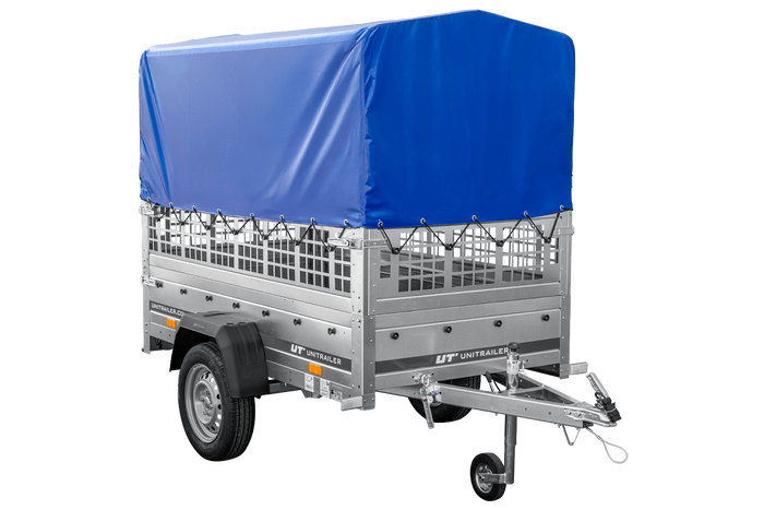 Eenassige aanhanger met kipper Unitrailer GARDEN TRAILER 200 KIPP met steunwiel, gaaswanden en H-800 frame met blauwe kap