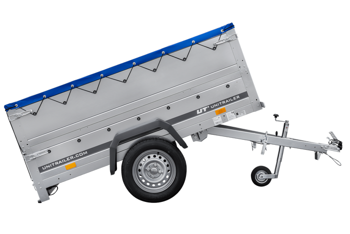 Autoaanhanger 200x106 UNITRAILER GARDEN 200 KIPP met BIS-zijwanden, H-0 frame en blauwe afdekking