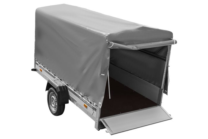 Autoaanhanger met aluminium zijwanden 264x125 Unitrailer Garden 264 KIPP ALU met H-1100 frame en grijze afdekking