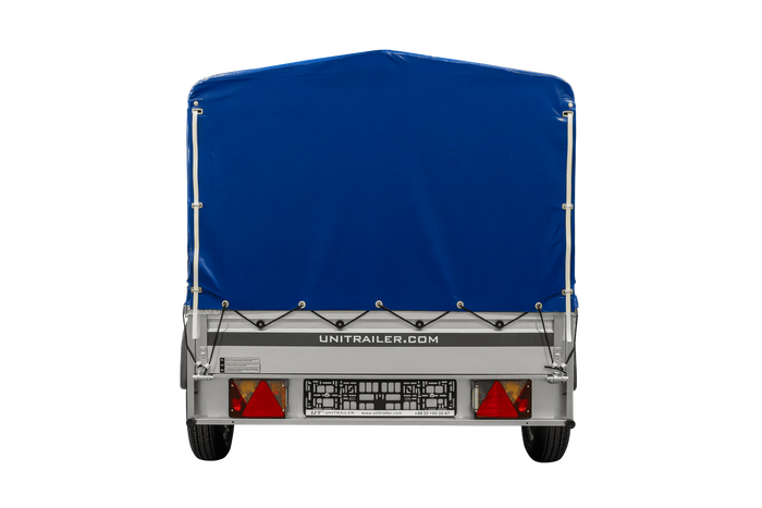 Enkelassige aanhanger met aluminium zijwanden 230x125 Unitrailer Garden 230 KIPP ALU met H-800 frame en blauwe afdekking