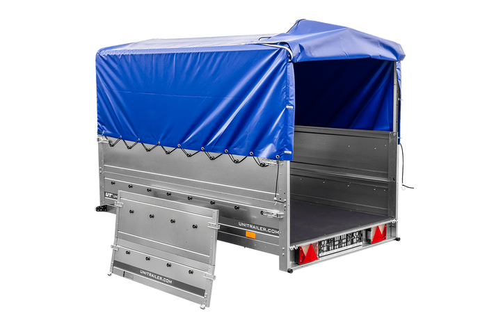 Lichte aanhanger 230x125 UNITRAILER GARDEN 230 KIPP met BIS-zijwanden, H-800 frame en blauwe afdekking