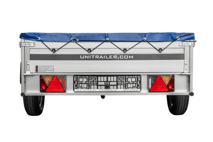 Enkelassige aanhanger met aluminium zijwanden 230x125 Unitrailer Garden 230 KIPP ALU met H-0 frame en blauwe afdekking