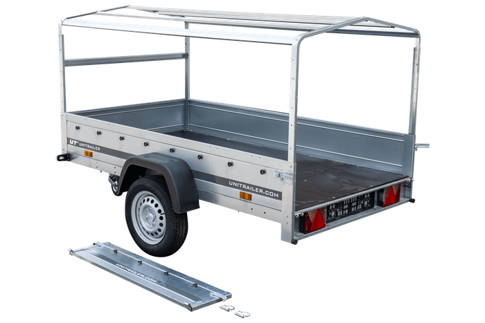 Enkelassige aanhanger 230x125 UNITRAILER GARDEN 230 KIPP met H-800 frame en grijze afdekking