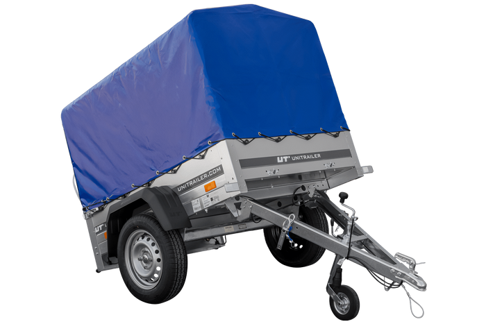 Lichte aanhangwagen Garden Trailer 150 KIPP met afmeting van 150x106 met blauwe zeil en huif MTM 750 KG 