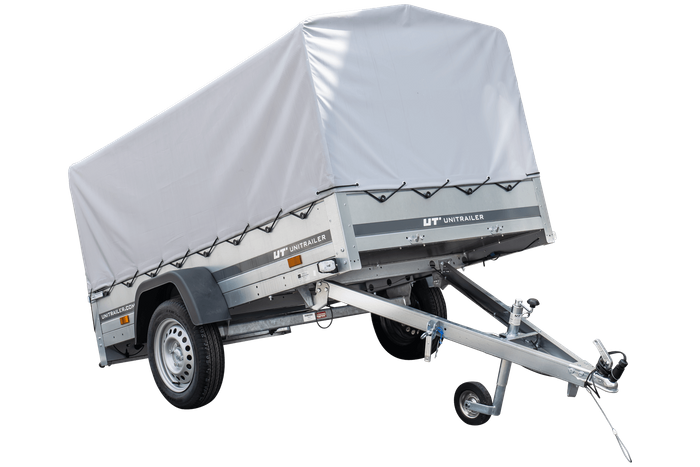 Enkelassige aanhanger 230x125 UNITRAILER GARDEN 230 KIPP met H-800 frame en grijze afdekking