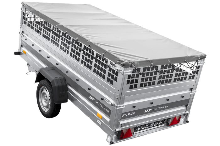 Enkelassige aanhanger 264x125 UNITRAILER FORCE 264 KIPP met gaaswanden, H-0 frame en grijze afdekking