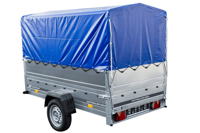 Lichte aanhanger 230x125 UNITRAILER GARDEN 230 KIPP met BIS-zijwanden, H-800 frame en blauwe afdekking