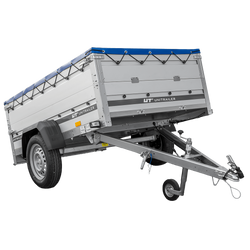 Autoaanhanger met aluminium zijwanden 200x125 Unitrailer Garden 201 KIPP ALU met BIS-zijwanden, H-0 frame en blauwe afdekking