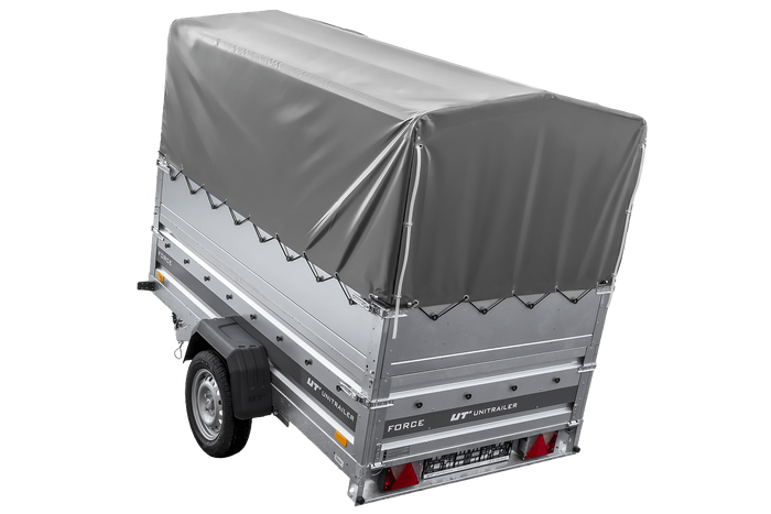 Enkelassige aanhanger op veren 230x125 UNITRAILER FORCE 230/R KIPP met BIS-zijwanden, H-800 frame en grijze afdekking