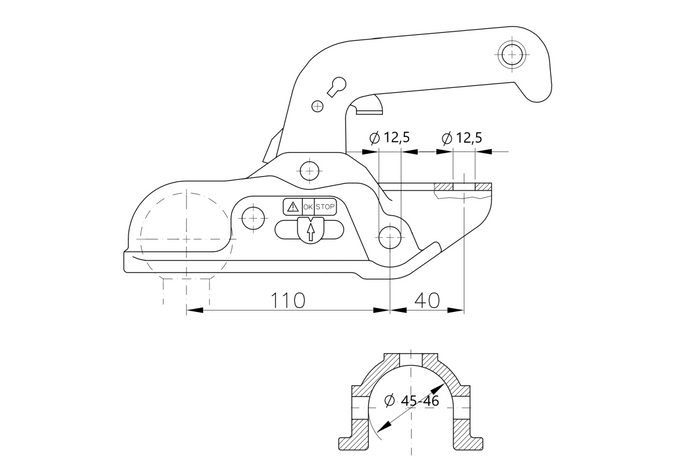 WINTERHOFF WW 30-D2 kogelkoppeling voor aanhanger van 3000 kg met dissel van 45-46 mm buis, gietijzer