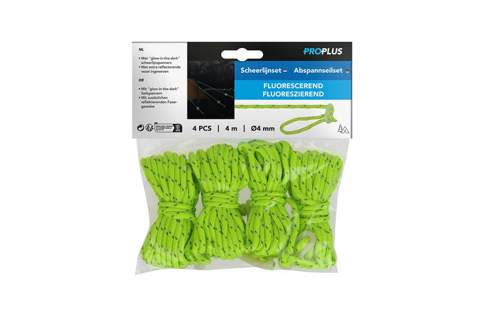 Set van vier ProPlus scheerlijnen 361802 fluorescerende lijnen voor een tent van 4 meter