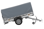 Enkelassige aanhanger op veren met aluminium zijwanden 230x125 Unitrailer Garden 230/R KIPP ALU met H-800 frame en grijze afdekking