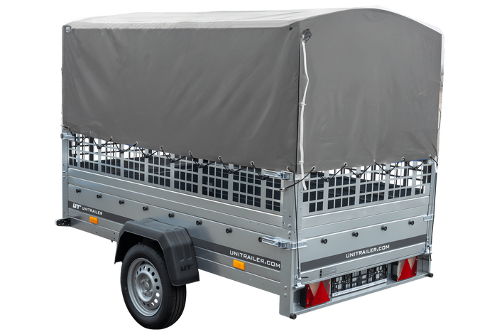 1-assige kiepwagen 230 x 125 Garden Trailer 230 KIPP met mesh boordwanden en H-800 frame met grijze kap