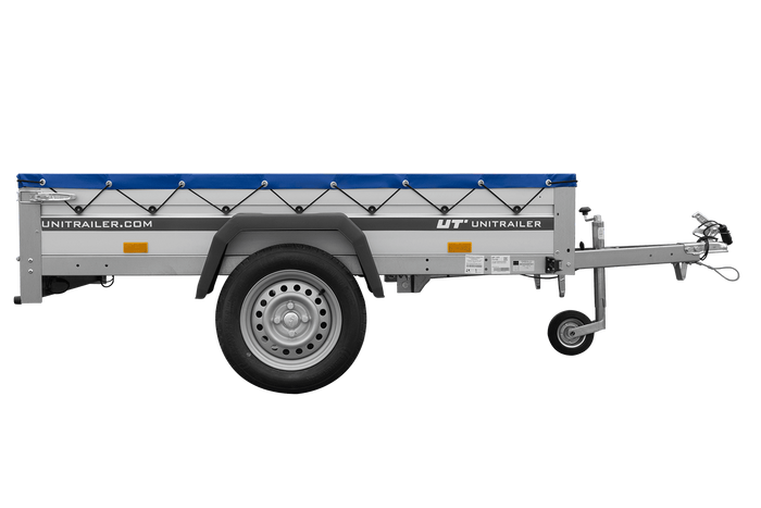 Enkelassige aanhanger met aluminium zijwanden 200x125 Unitrailer Garden 201 KIPP ALU met H-0 frame en blauwe afdekking
