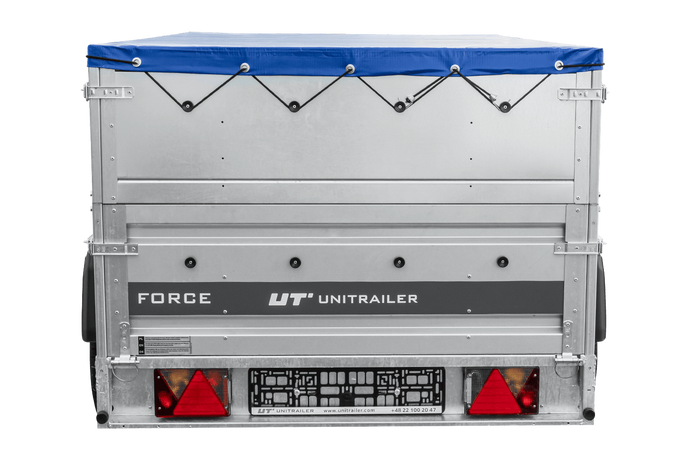 Autotransportaanhanger op veren 230x125 UNITRAILER FORCE 230/R KIPP met BIS-zijwanden, H-0 frame en blauwe afdekking