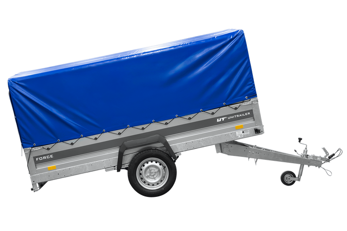 Enkelassige aanhanger op veren 264x125 UNITRAILER FORCE 264/R KIPP met H-800 frame en blauwe afdekking