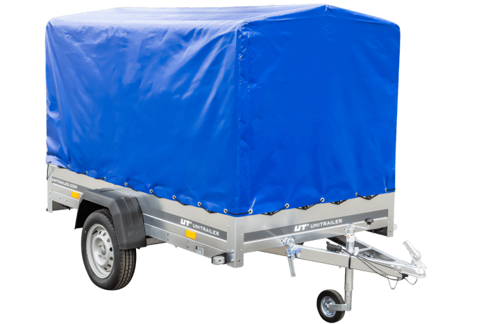 Autoaanhangwagen op veren 230x125 UNITRAILER GARDEN 230/R KIPP met H-1100 frame en blauwe afdekking