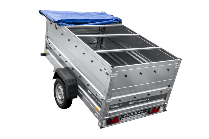 Lichte aanhanger 230x125 UNITRAILER FORCE 230 KIPP met BIS-zijwanden, H-0 frame en blauwe afdekking
