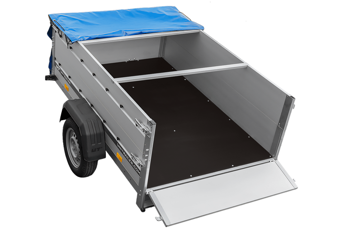 Autoaanhanger met aluminium zijwanden 200x125 Unitrailer Garden 201 KIPP ALU met BIS-zijwanden, H-0 frame en blauwe afdekking
