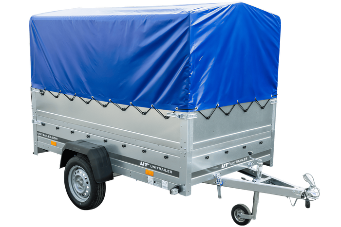 Lichte aanhanger 230x125 UNITRAILER GARDEN 230 KIPP met BIS-zijwanden, H-800 frame en blauwe afdekking